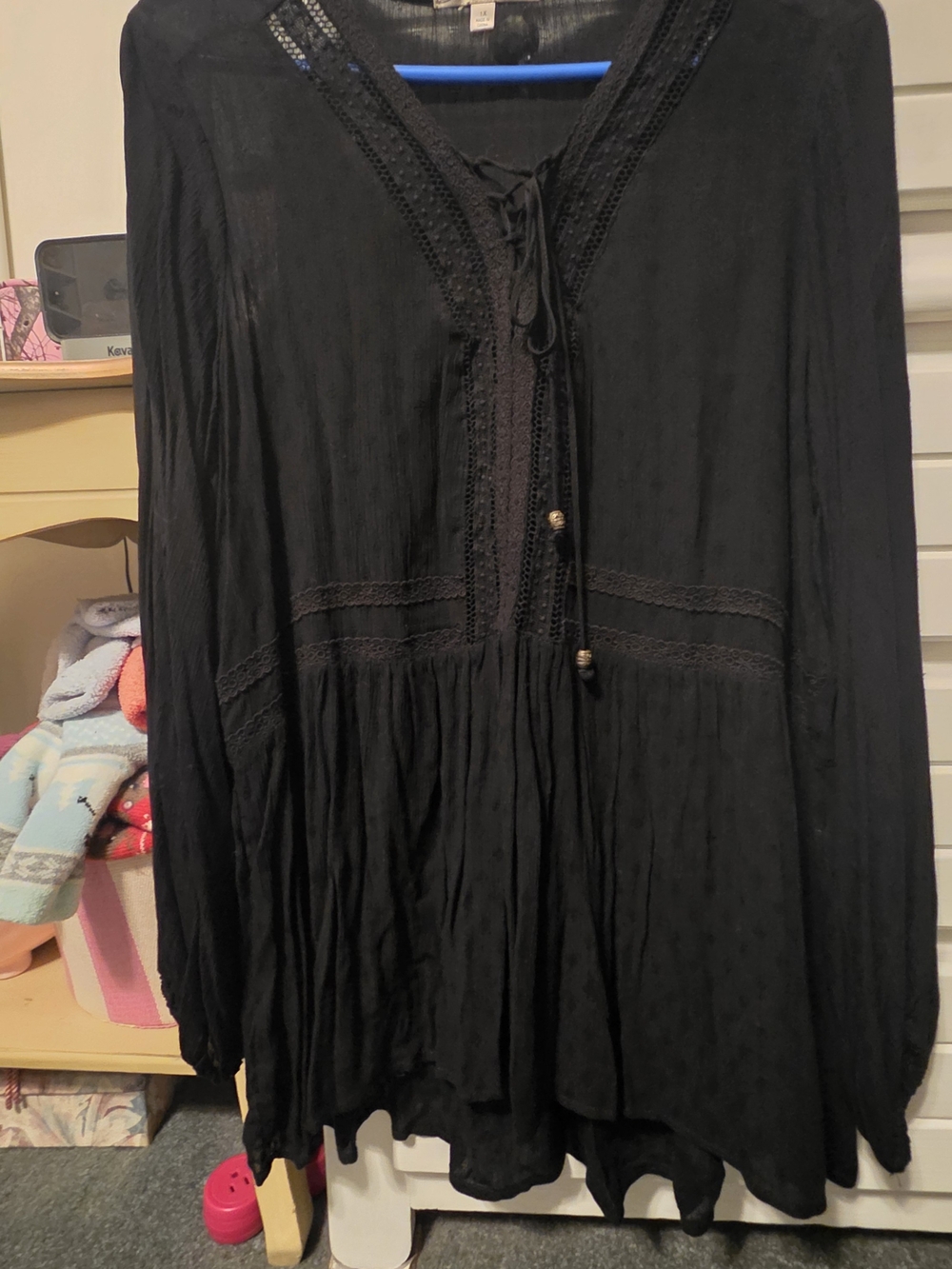 Seven7 Black Lace-Trim Peasant Blouse with Tie